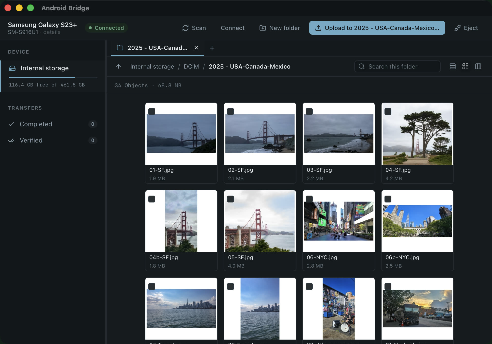 Android Bridge on macOS showing a folder from a connected Samsung Galaxy S23+ as a grid of photo thumbnails, each with its file name and size.