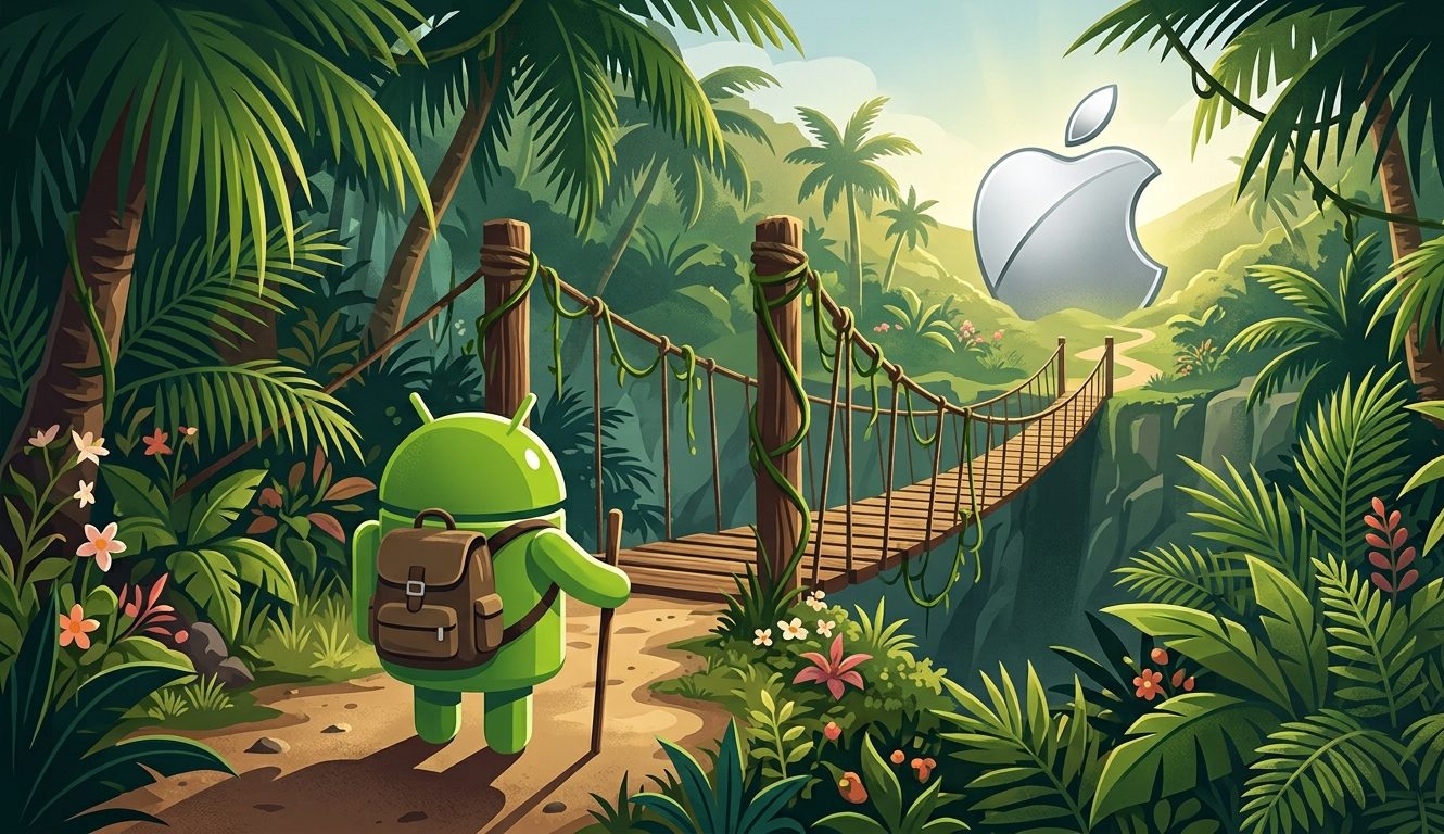 An Android robot with a backpack crossing a rope bridge through a jungle towards an Apple logo.